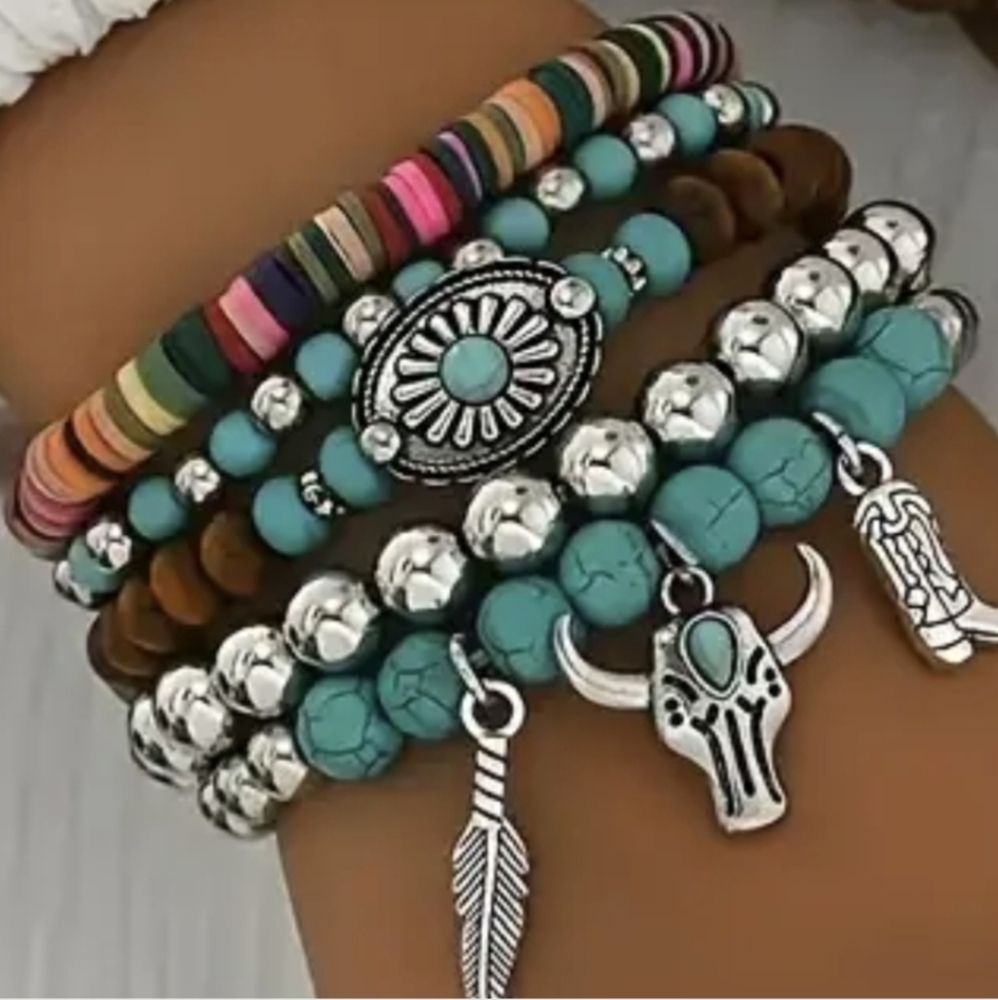 5 Bracelet Set Silver Blue Turquoise Stone Jewelry Rodeo Outfit Hippie Festival - Picture 8 of 8